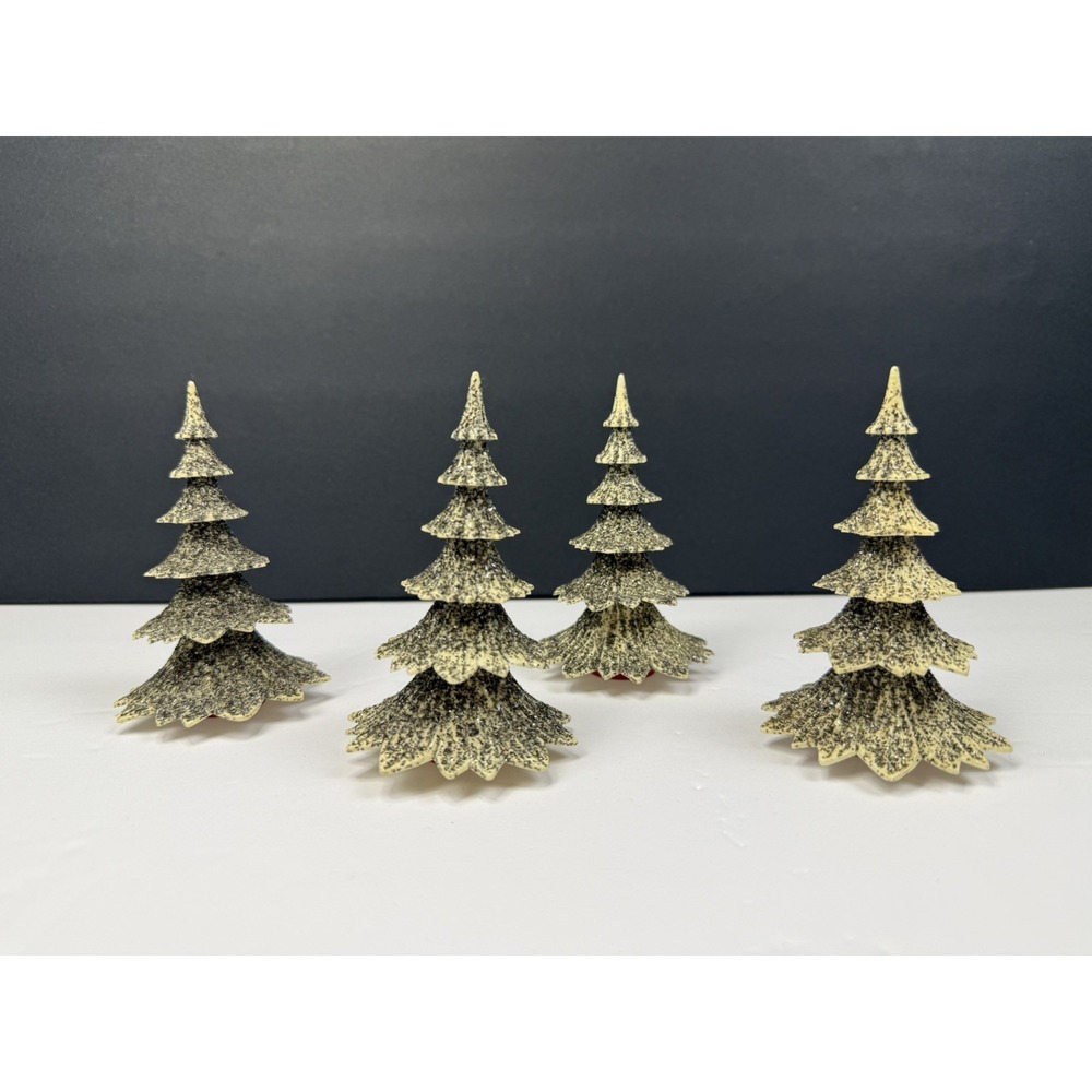 Vtg Christmas Putz Village Trees Hard Plastic Mica Glitter West Germany Set Of 4
